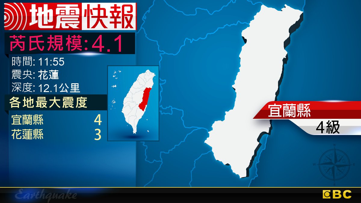 地牛翻身!11:55 花蓮發生規模4.1地震