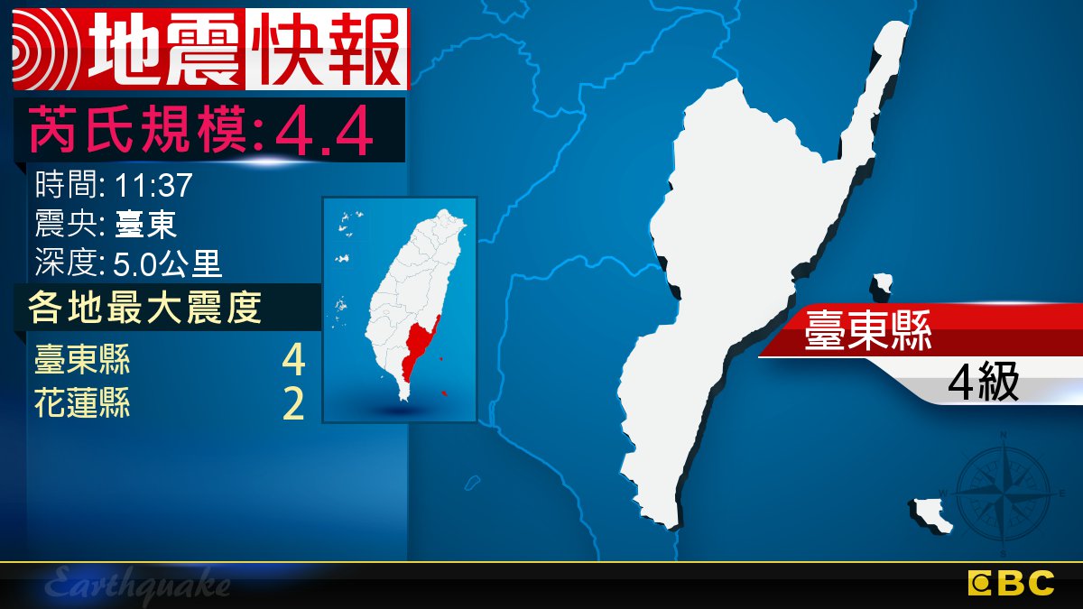 地牛翻身！11:37 臺東發生規模4.4地震