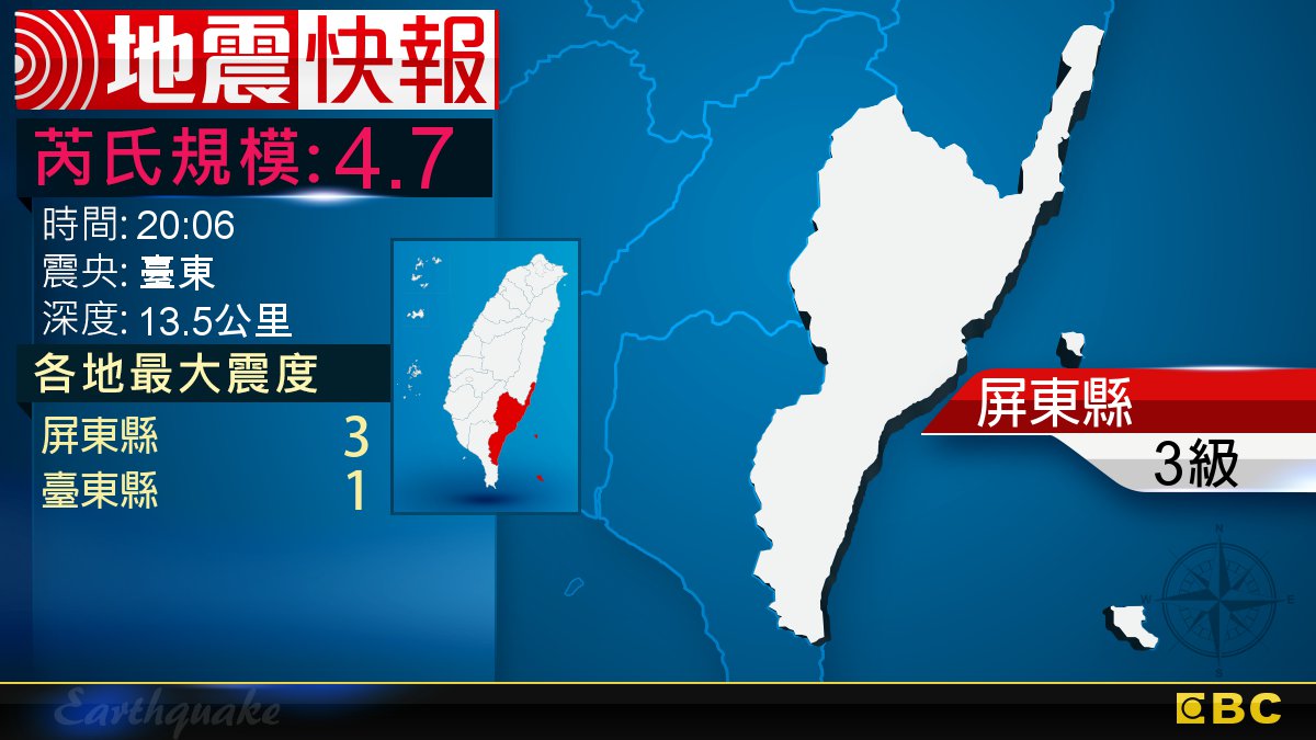 地牛翻身！20:06 臺東發生規模4.7地震