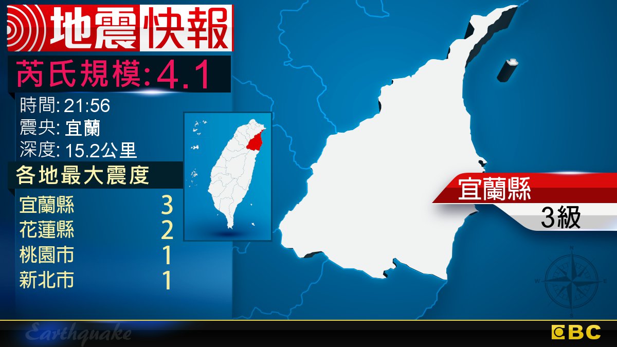 地牛翻身！21:56 宜蘭發生規模4.1地震